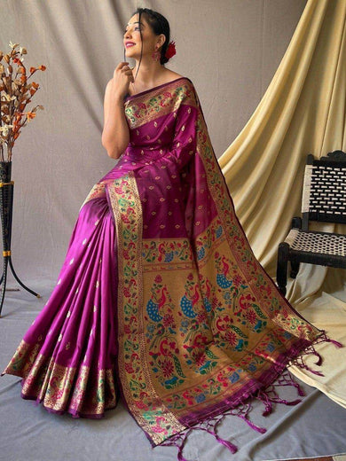 Ravishing Purple Zari Woven Paithani Silk Traditional Saree With Blouse